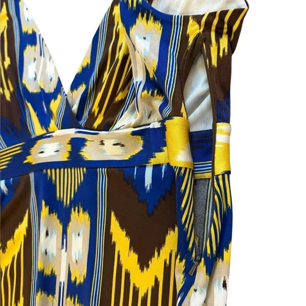 Tory Burch Silk Dress Southwestern Aztec Jersey Blue Yellow Sleeveless Medium